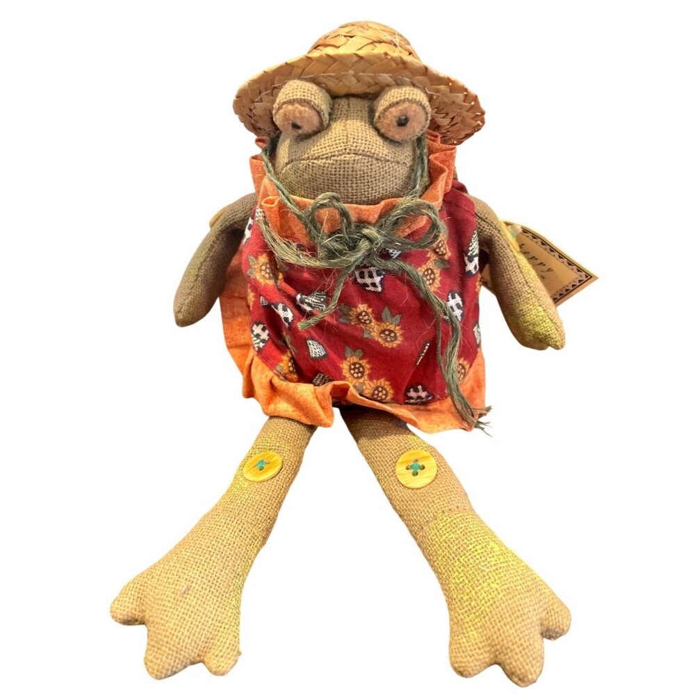 Vintage Lily Leapfrog Russ Collectible Plush Frog with Straw Hat & Floral Dress